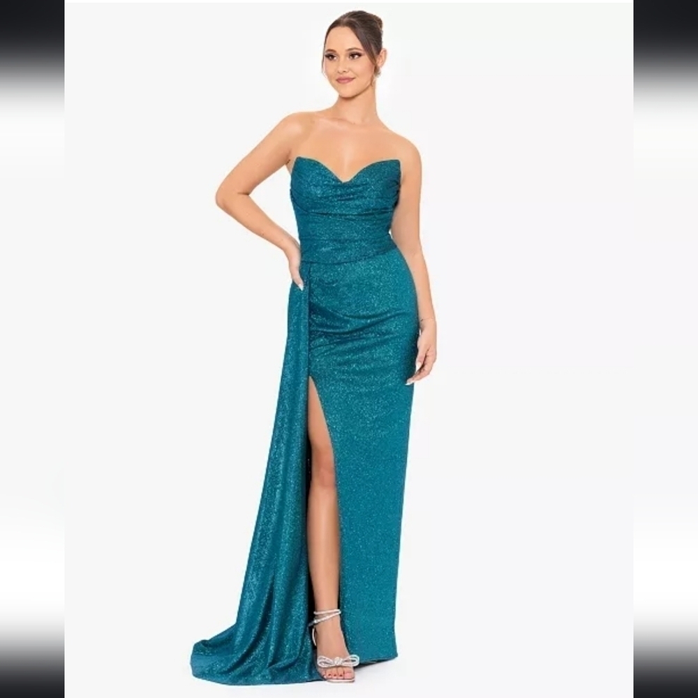 NWT Blondie Nites Juniors Glittered Ruched Strapless Gown in Teal Size 3